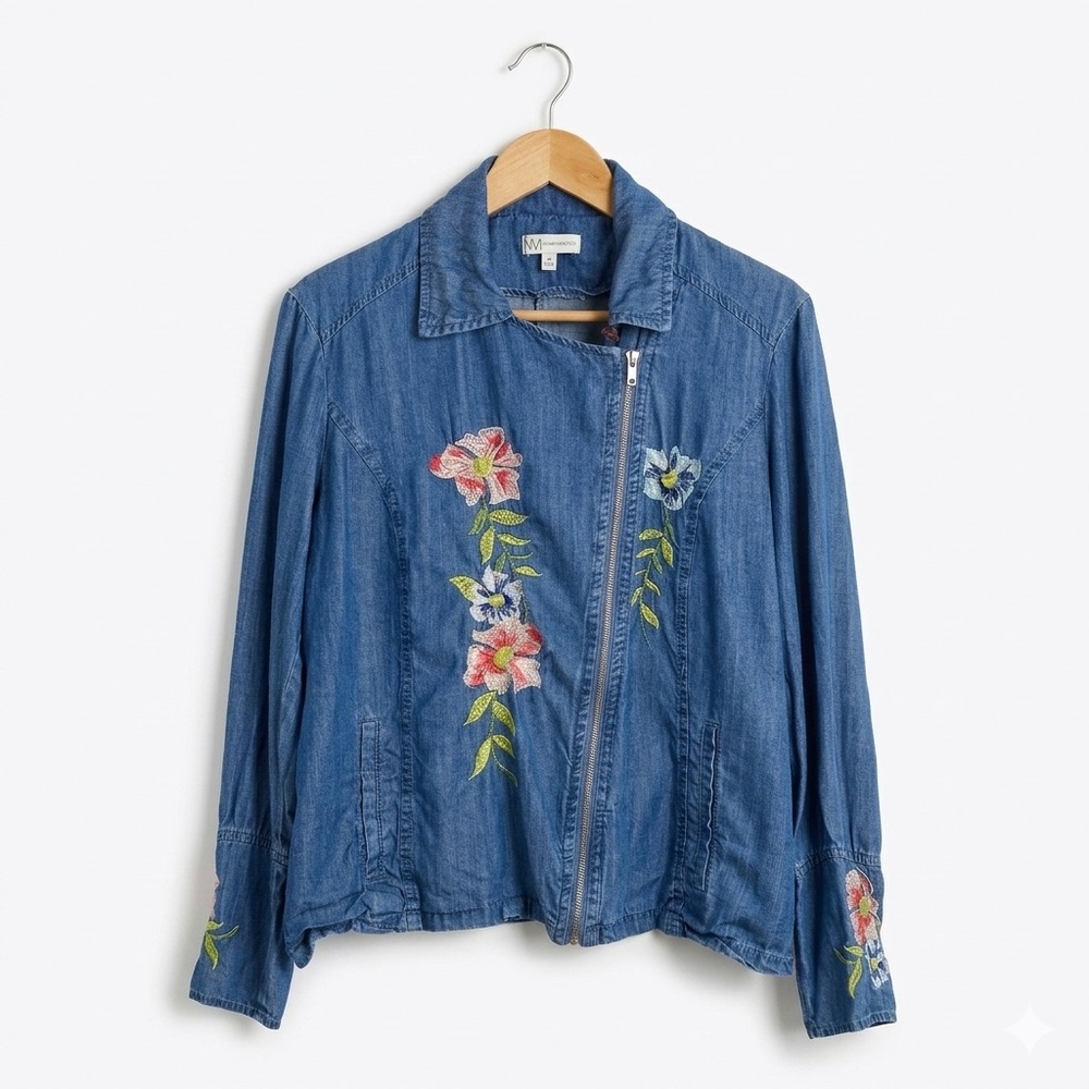 Neiman Marcus Embroidered Floral‎ Tencel Denim Moto Jacket Blue Plus Size 1X